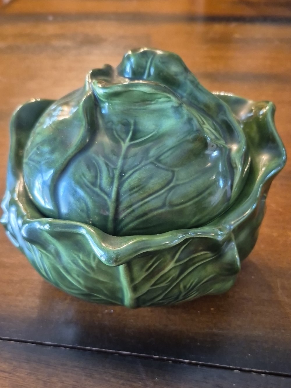 Cabbage Bowl Green Removable Lid Deep Green With Lighter Green Leaf Accents